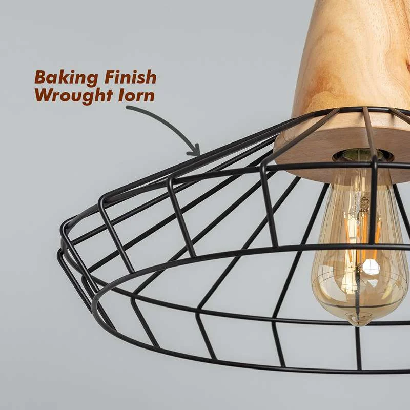 Black wire cage pendant light with metal and wood elements, vintage style, ceiling mounted with adjustable PVC cable