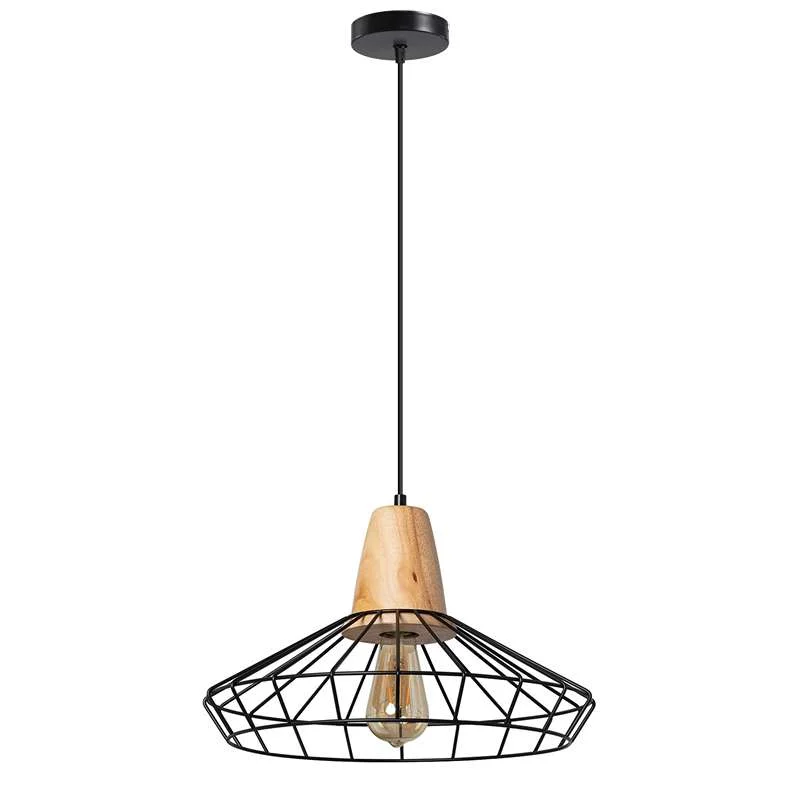 Black wire cage pendant light with vintage metal and wood design, ceiling mounted with adjustable PVC cable