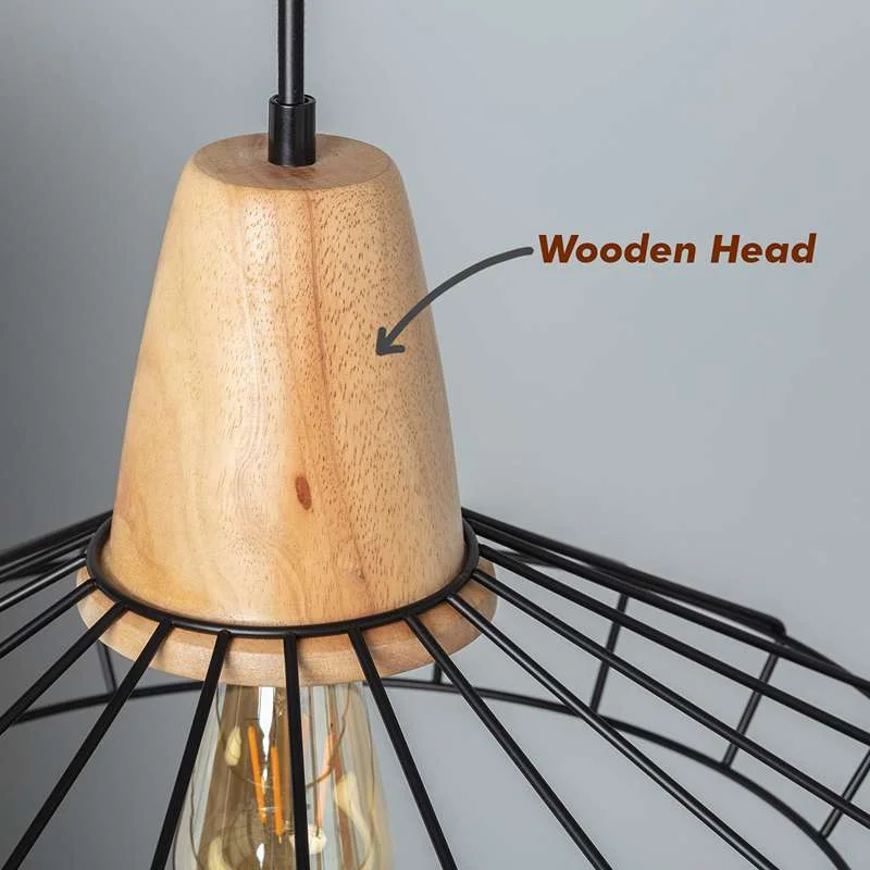 Black wire cage pendant light with metal and wood elements, vintage style, ceiling mounted with adjustable PVC cable
