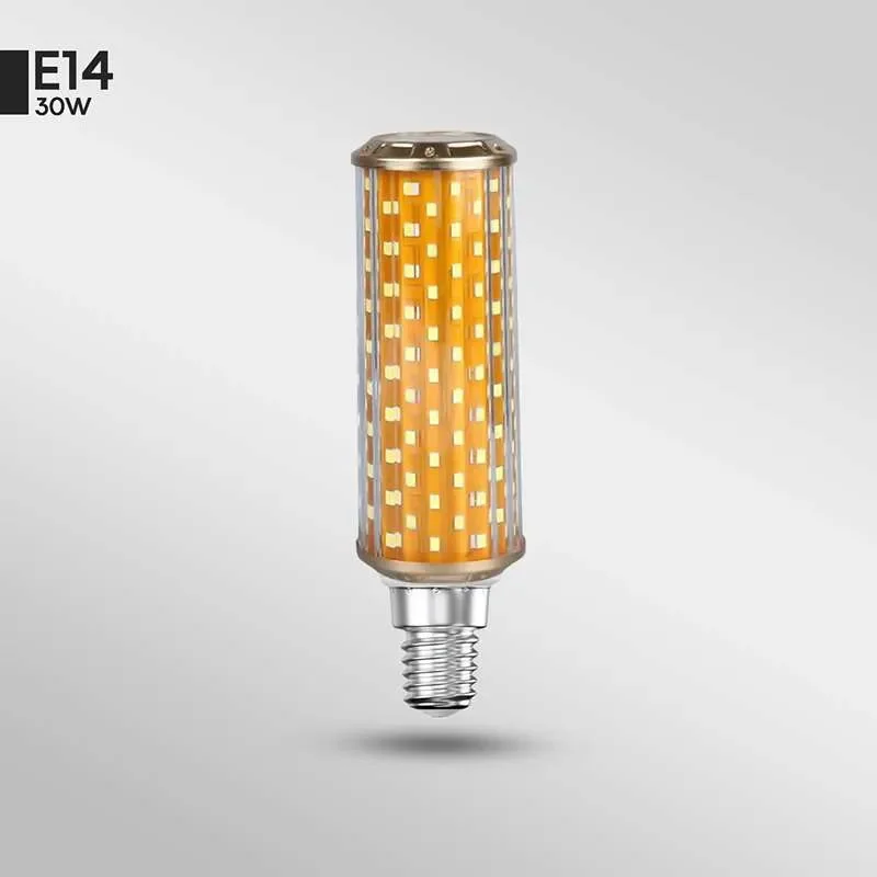 30W E14 LED bulb with aluminium alloy body and ventilation holes, designed for dimmable, high-output lighting