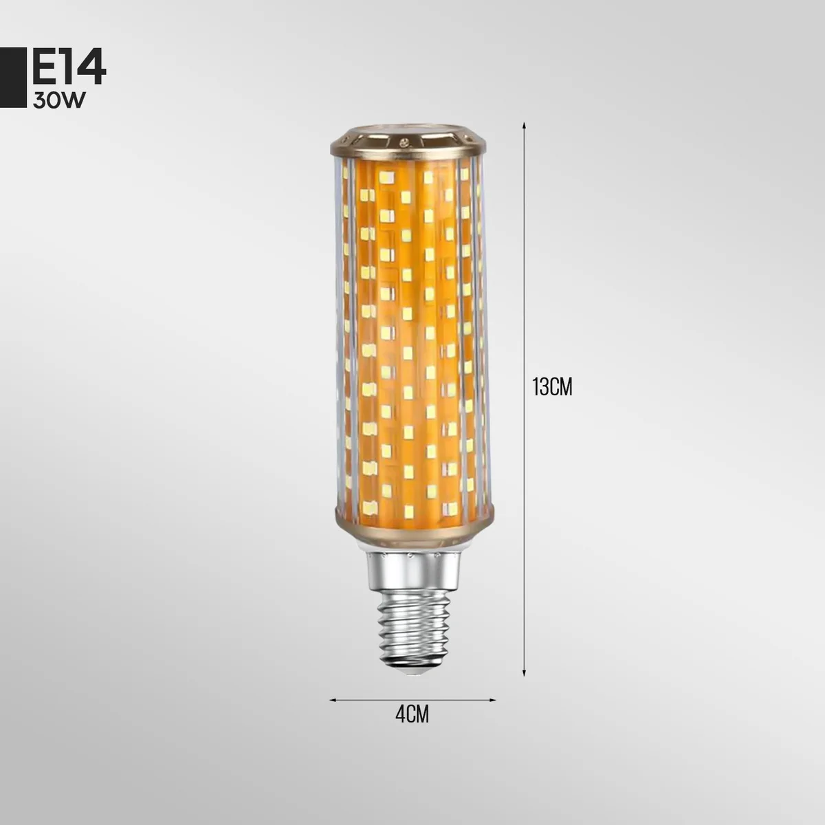 Dimmable LED corn bulb with aluminium alloy body and E14 base, designed for high-output 360-degree light emission