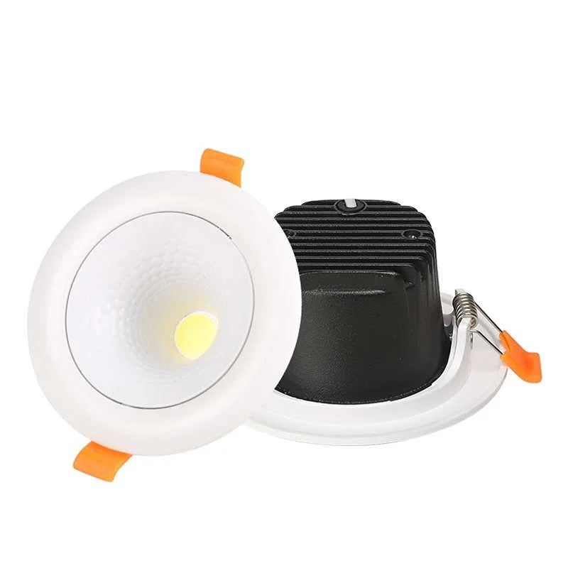 Modern LED downlight with round recessed panel, cool and warm white light, sleek aluminum and plastic design