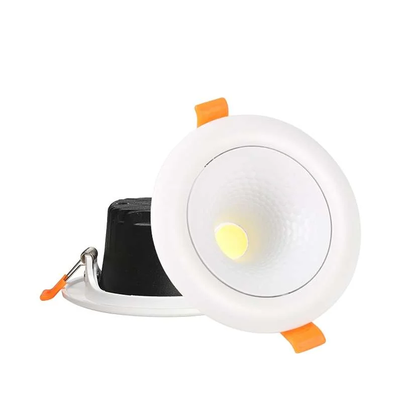 Round modern recessed ceiling light panel showing cool and warm white LED illumination with adjustable beam angle