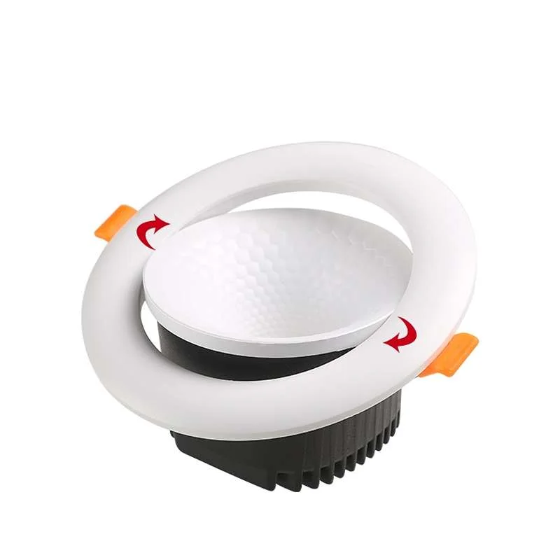Round modern LED recessed ceiling light with adjustable beam angle and cool and warm white options shown on white background
