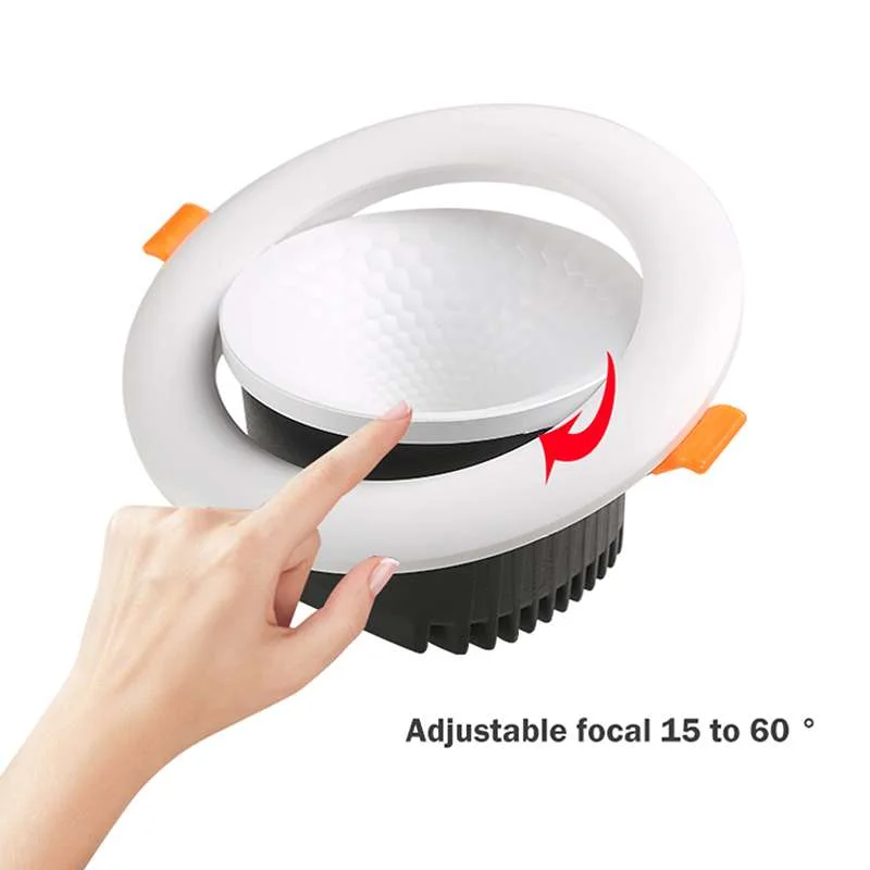 Modern round LED recessed ceiling light with cool and warm white options, sleek aluminum and plastic design