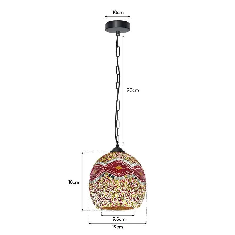 Vintage ceiling light with colorful Moroccan mosaic glass dome shade hanging from a 90cm chain against white background