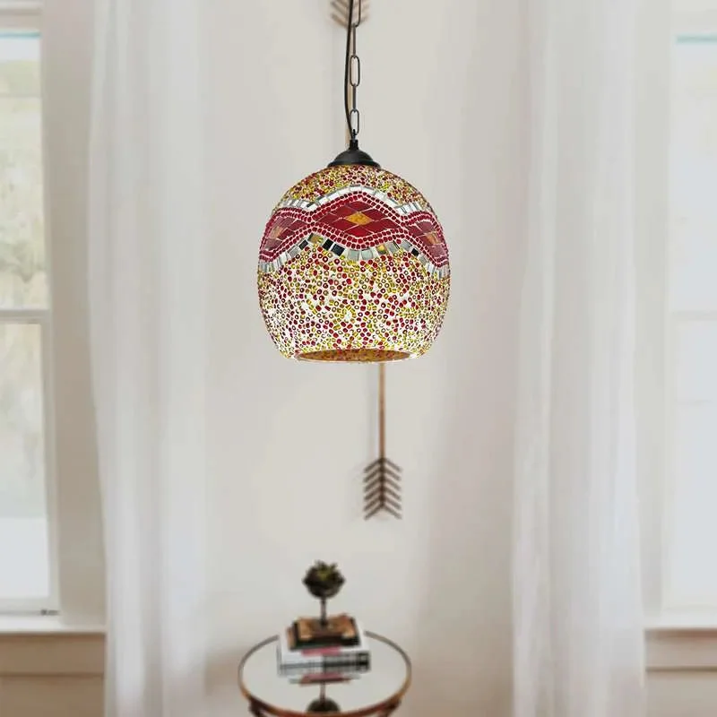 Moroccan style mosaic glass dimmable pendant lamp with colorful dome shade hanging from ceiling chain