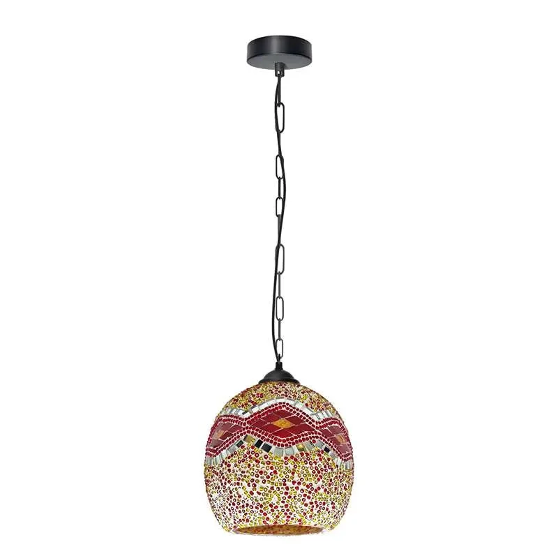 Moroccan style mosaic glass dome pendant light hanging indoors, showcasing vibrant patterns for indoor pendant lighting