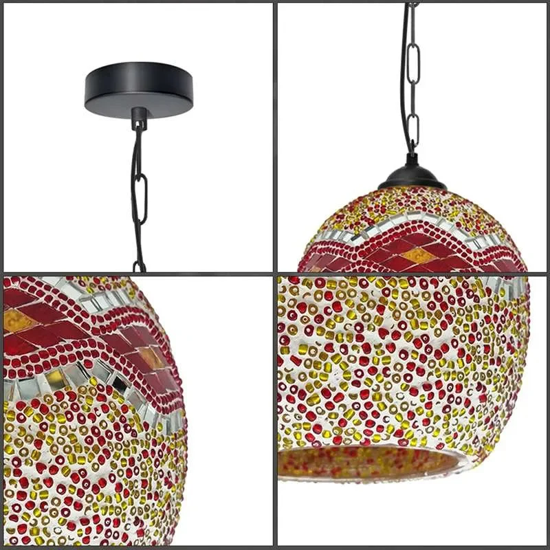 Handcrafted Moroccan pendant light with colorful mosaic glass dome shade, vintage style, ceiling mounted, 19cm wide, 18cm high