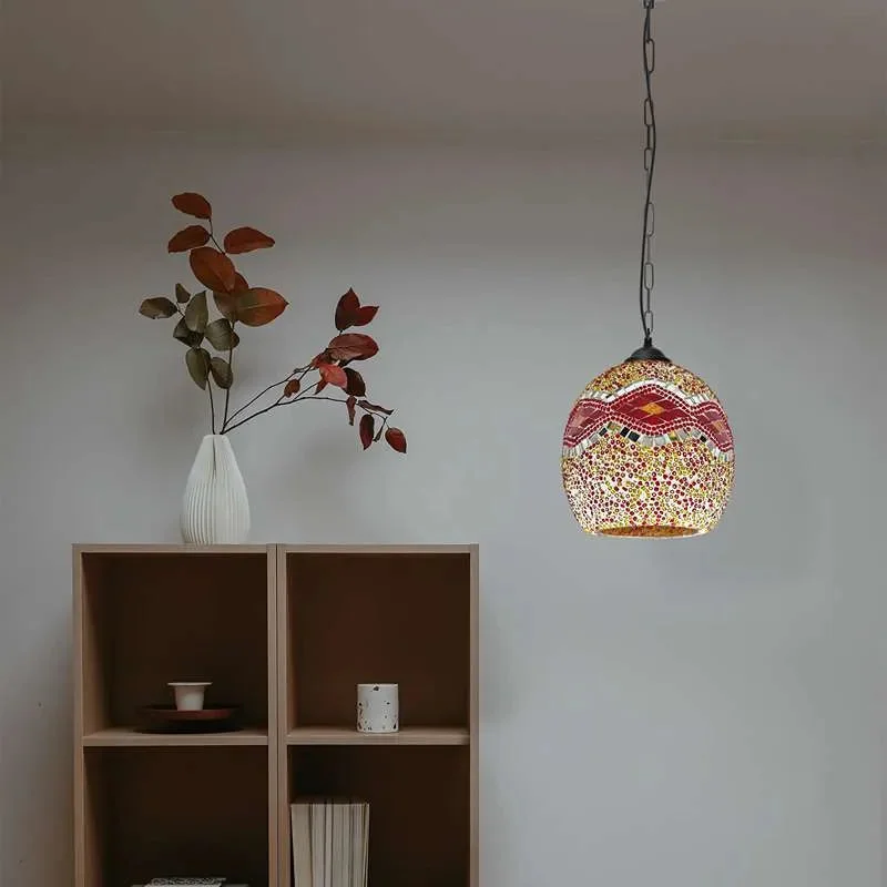 Handcrafted Moroccan pendant light with colorful mosaic glass tiles in dome shape, vintage style, ceiling mounted design