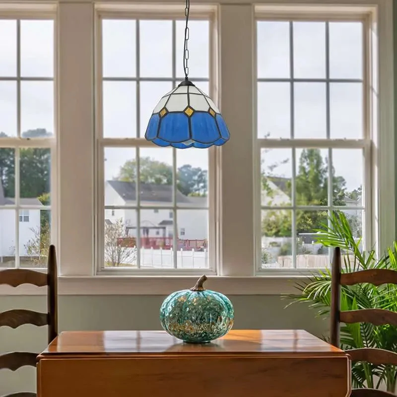 Vintage style glass globe pendant light with multicolour crackle mosaic tiles and hand-cut glass pieces hanging by a chain