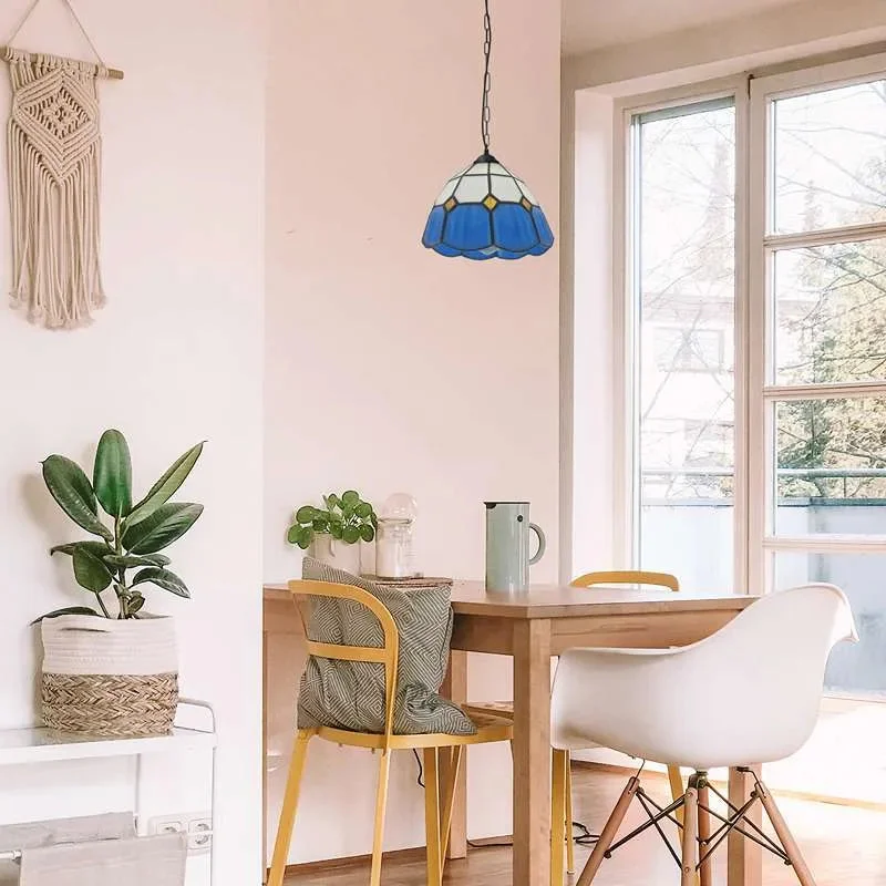 Globe-shaped multicolour mosaic ceiling light with crackle glass shade hanging from a 90cm chain, vintage style pendant lamp