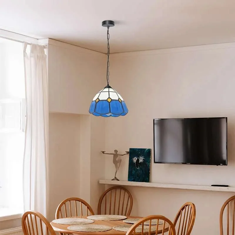 Vintage mosaic pendant light with multicolour crackle glass globe shade hanging from a 90cm chain indoors
