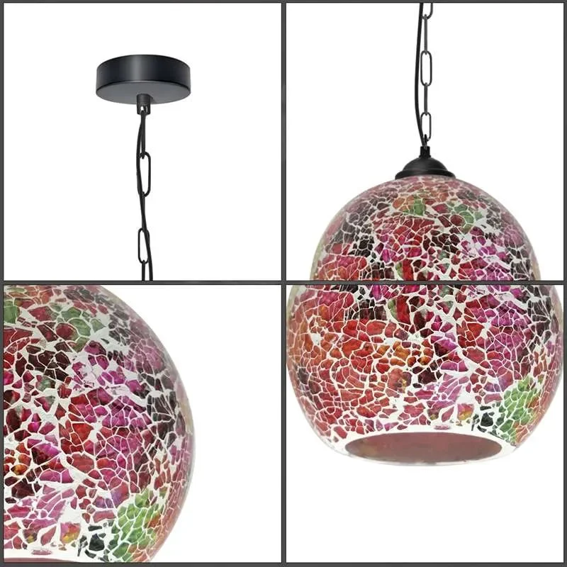 Blue and white stained glass Tiffany pendant lamp with dragonfly design, dome shade, and antique base hanging from ceiling chain