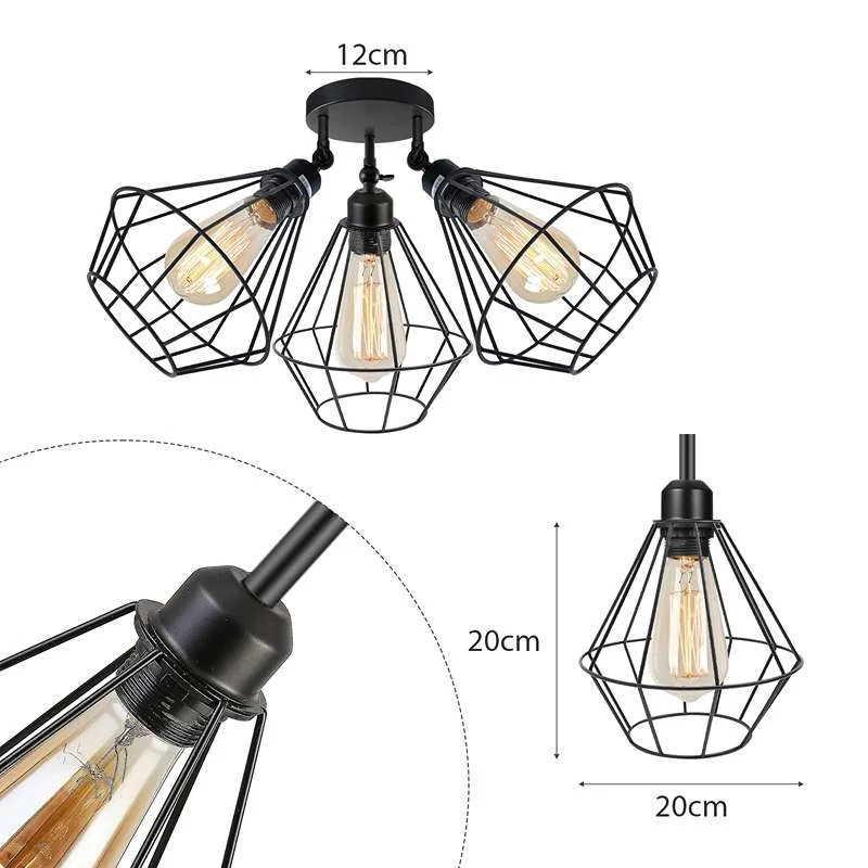 Black ceiling light with three adjustable open cage metal shades in a contemporary vintage style flush mount design