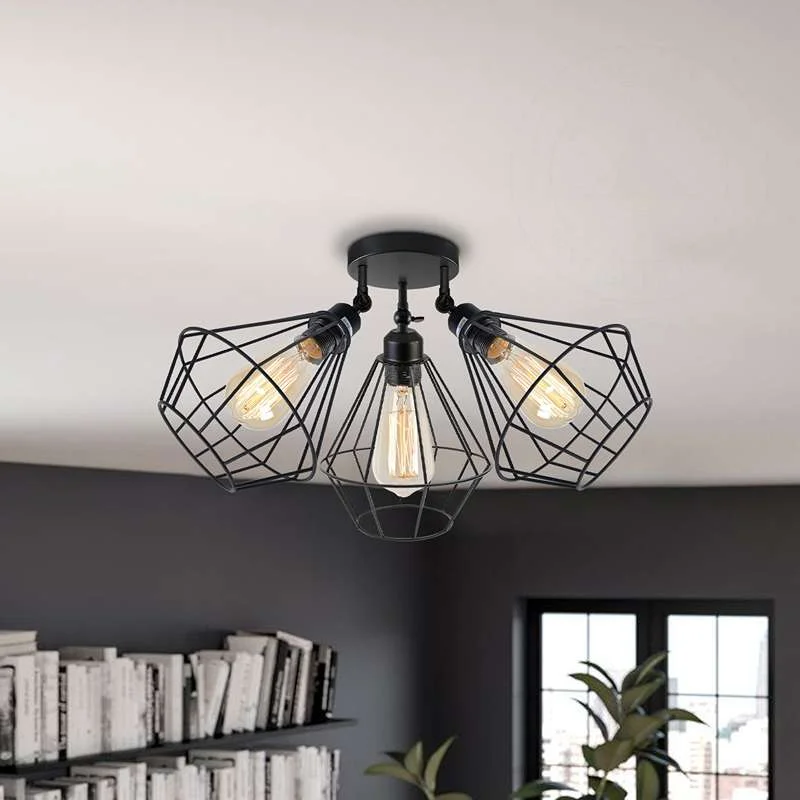 Black 3-way adjustable ceiling light with open cage design and three adjustable light heads for versatile lighting angles