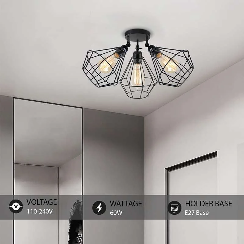 Black 3-head vintage ceiling light with adjustable open cage design, metal finish, ideal for modern home decor