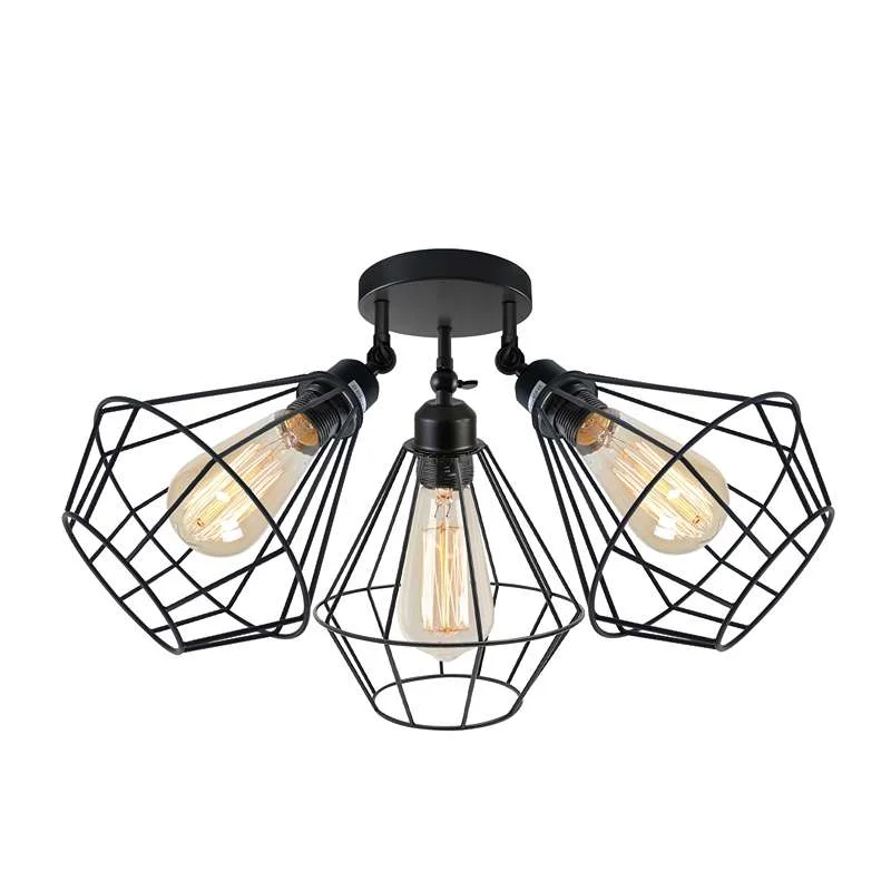 Black 3-head dimmable ceiling light with adjustable metal wire cage shades in contemporary vintage style mounted on ceiling