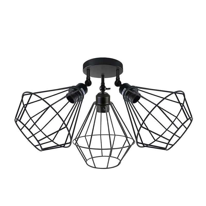 Black 3-head metal ceiling light with adjustable wire cage shades, flush mount design for modern interiors