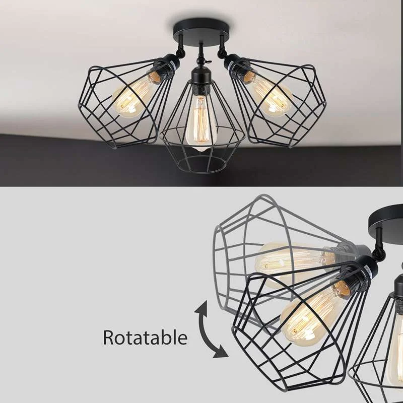 Black 3 head ceiling light with adjustable metal wire cage shades and flush mount design on white ceiling background
