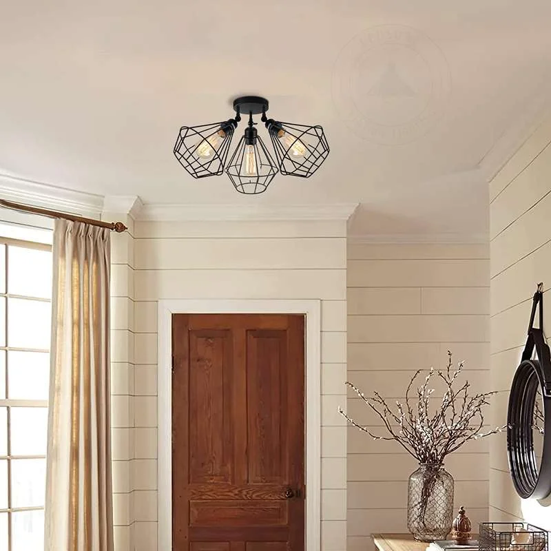 Black 3 head ceiling light with adjustable wire cage shades and metal frame, flush mount for indoor use