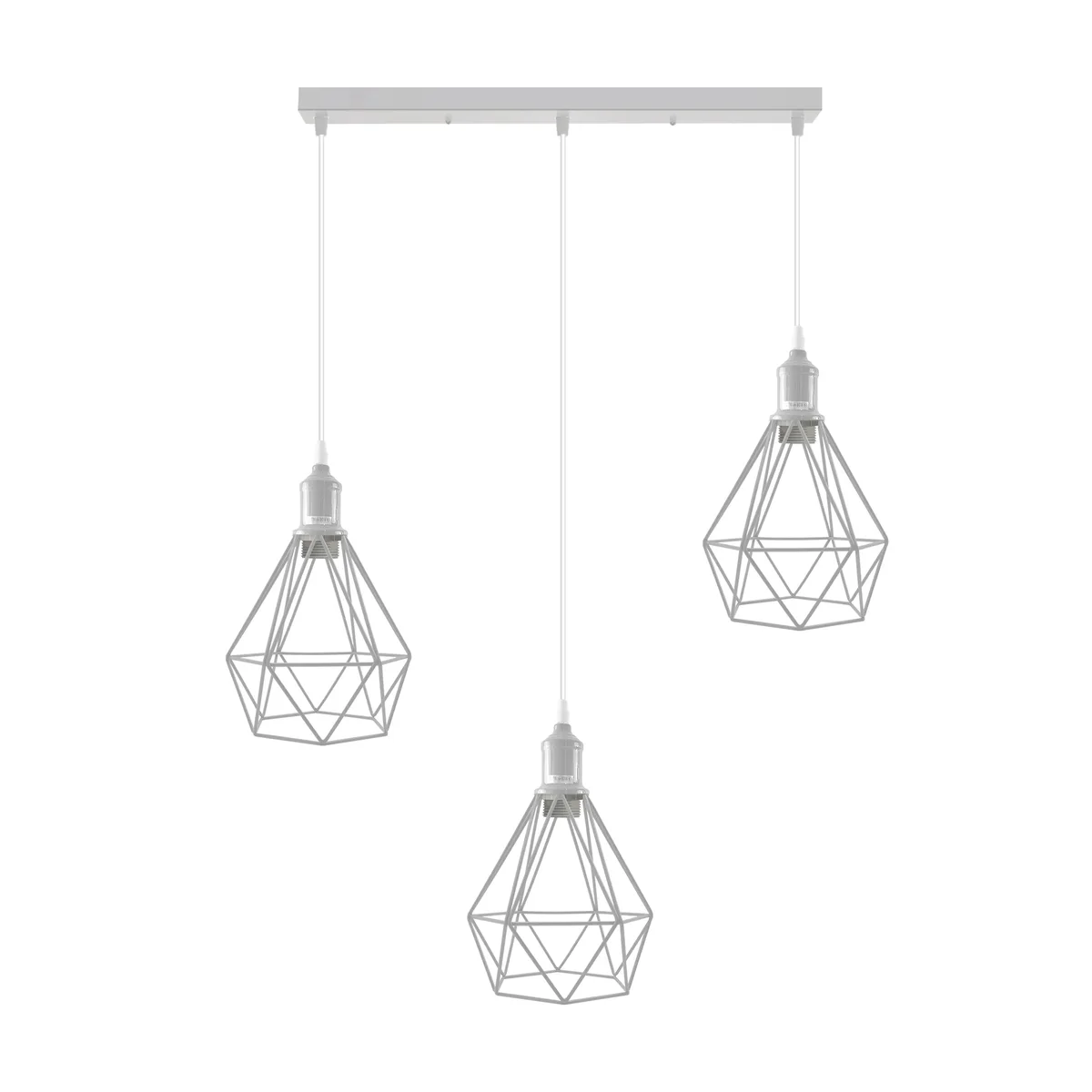 Three vintage style metal lamp shades with hanging cables and open design for adjustable ceiling pendant lights