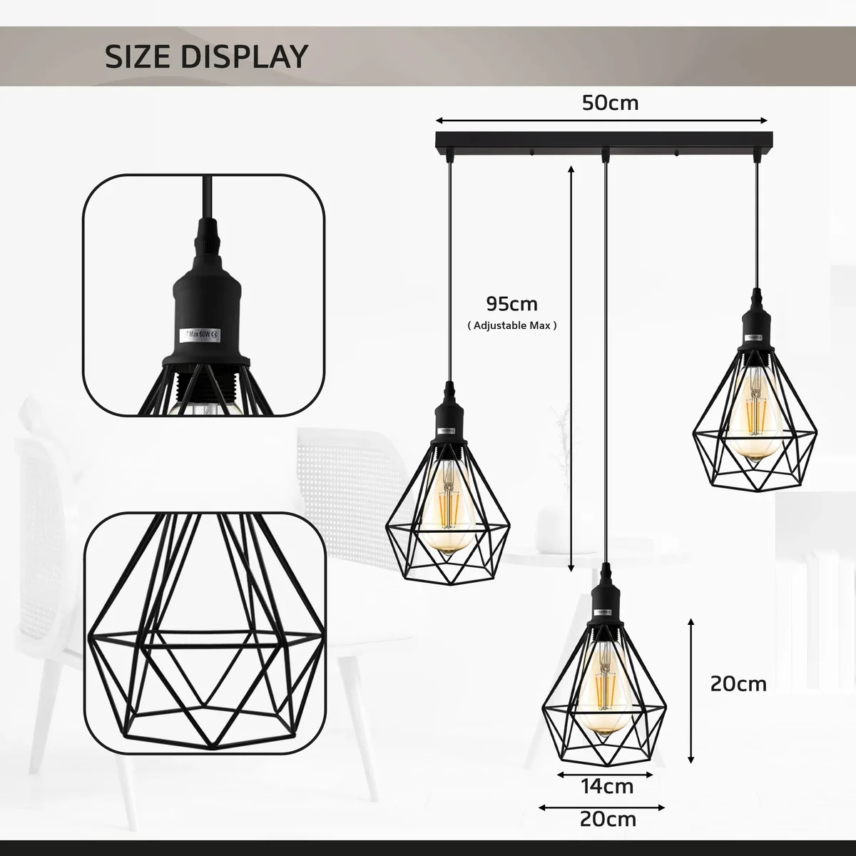 Three vintage metal cage indoor pendant lights with adjustable 95cm cables and E27 bulb holders hanging side by side