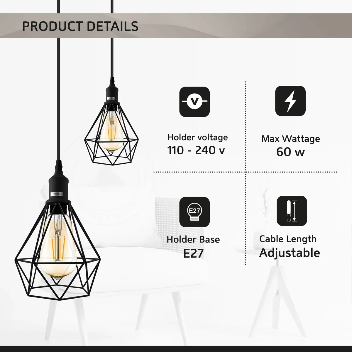 Three vintage metal open style lamp shades with hanging cables for E27 ceiling light installation indoors