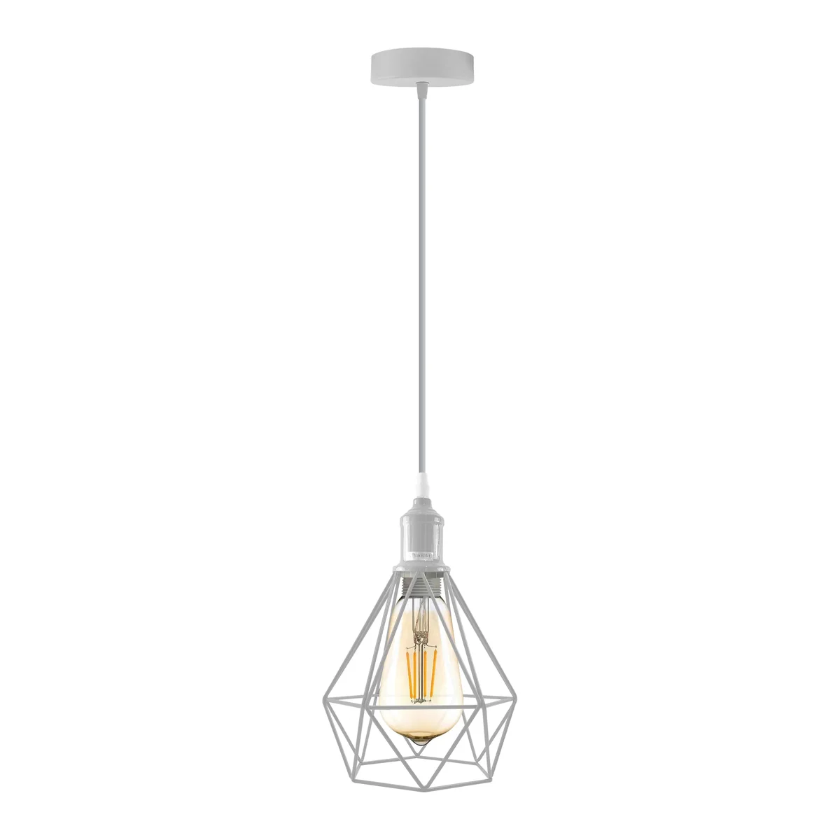 Three black metal open-style lamp shades with E27 ceiling light cables hanging against a white background