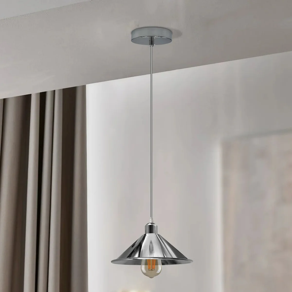 Silver vintage pendant light with metal cone shade and 95cm cable, designed for indoor use with E27 bulb socket