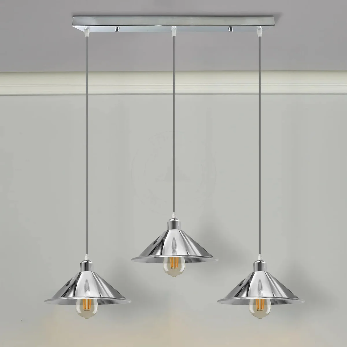 Silver cone shade pendant light with 95cm cable, metal vintage design, E27 socket, ideal for indoor use