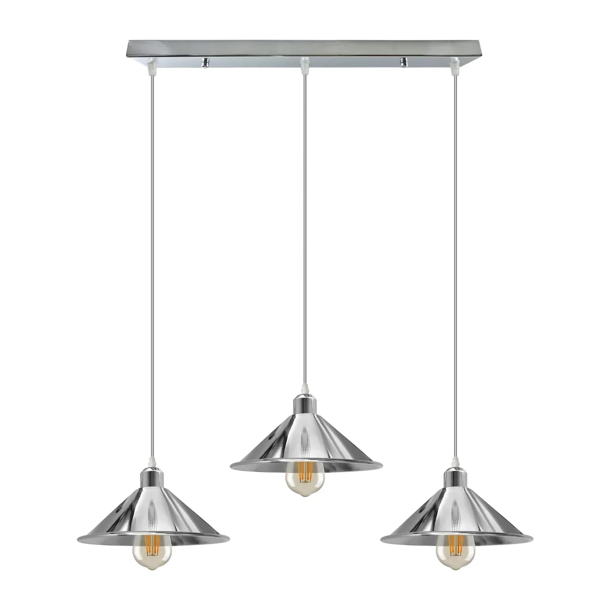 Silver metal cone-shaped pendant light shade with 95cm cable, compatible with E27 pendant light bulbs, vintage style