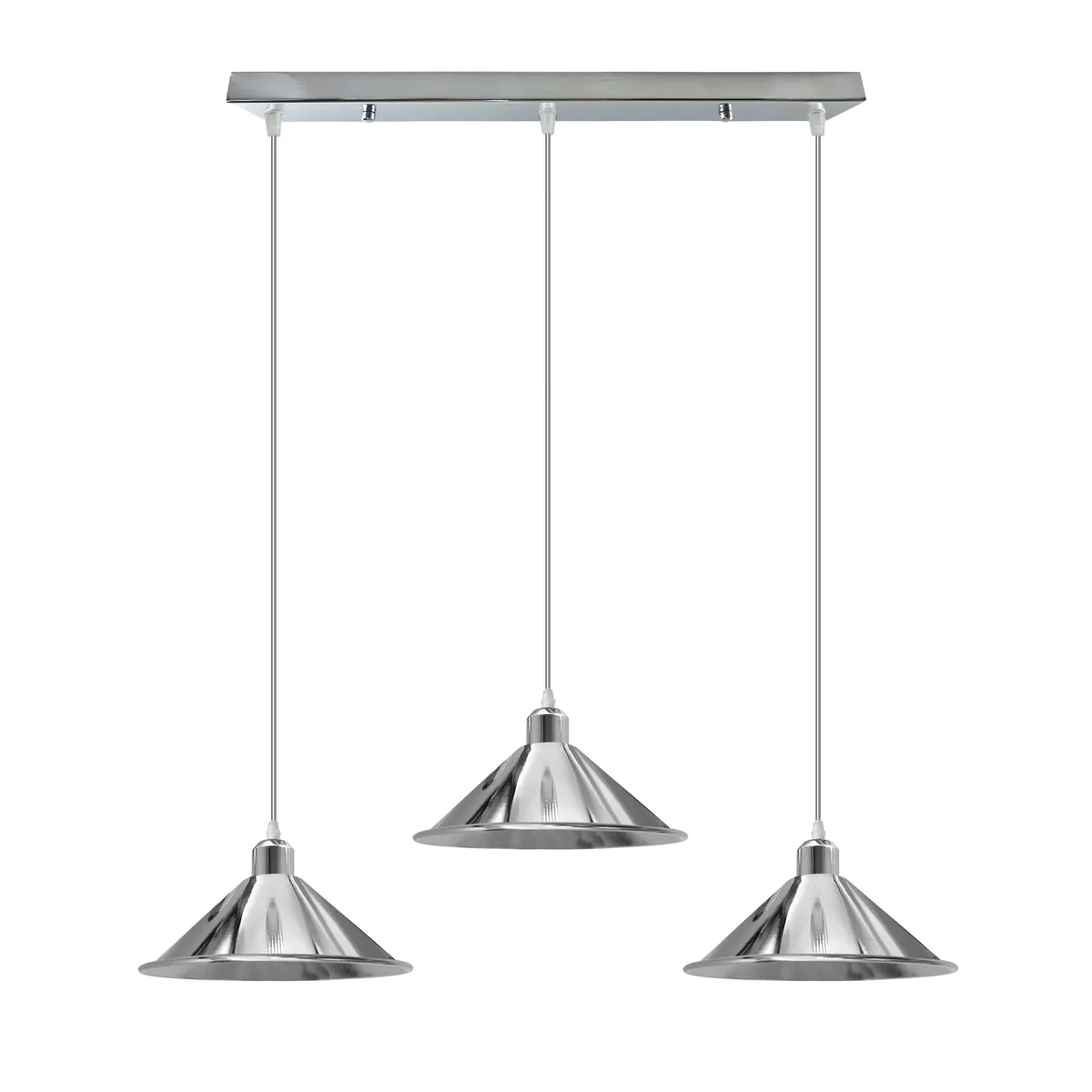 Silver metal cone-shaped indoor hanging light with 95cm cable, compatible with E27 bulbs, vintage style pendant shade