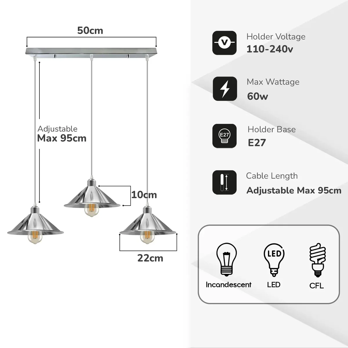 Silver metal cone pendant light with 95cm cable pendant, E27 socket, vintage style, suitable for indoor use