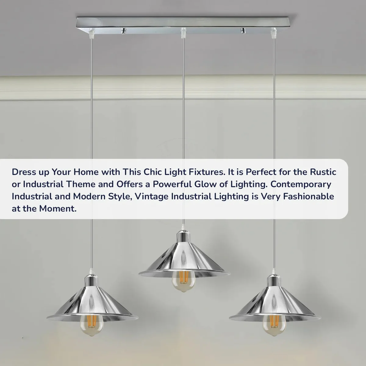 Silver metal pendant light with cone-shaped shade and 95cm cable, vintage style for indoor use, E27 socket compatible
