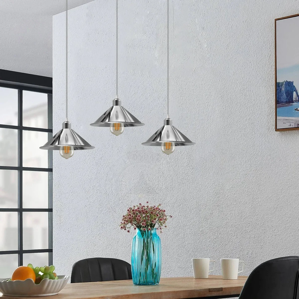 Silver cone-shaped metal pendant light with 95cm cable, vintage style, suitable for E27 bulbs, indoor use