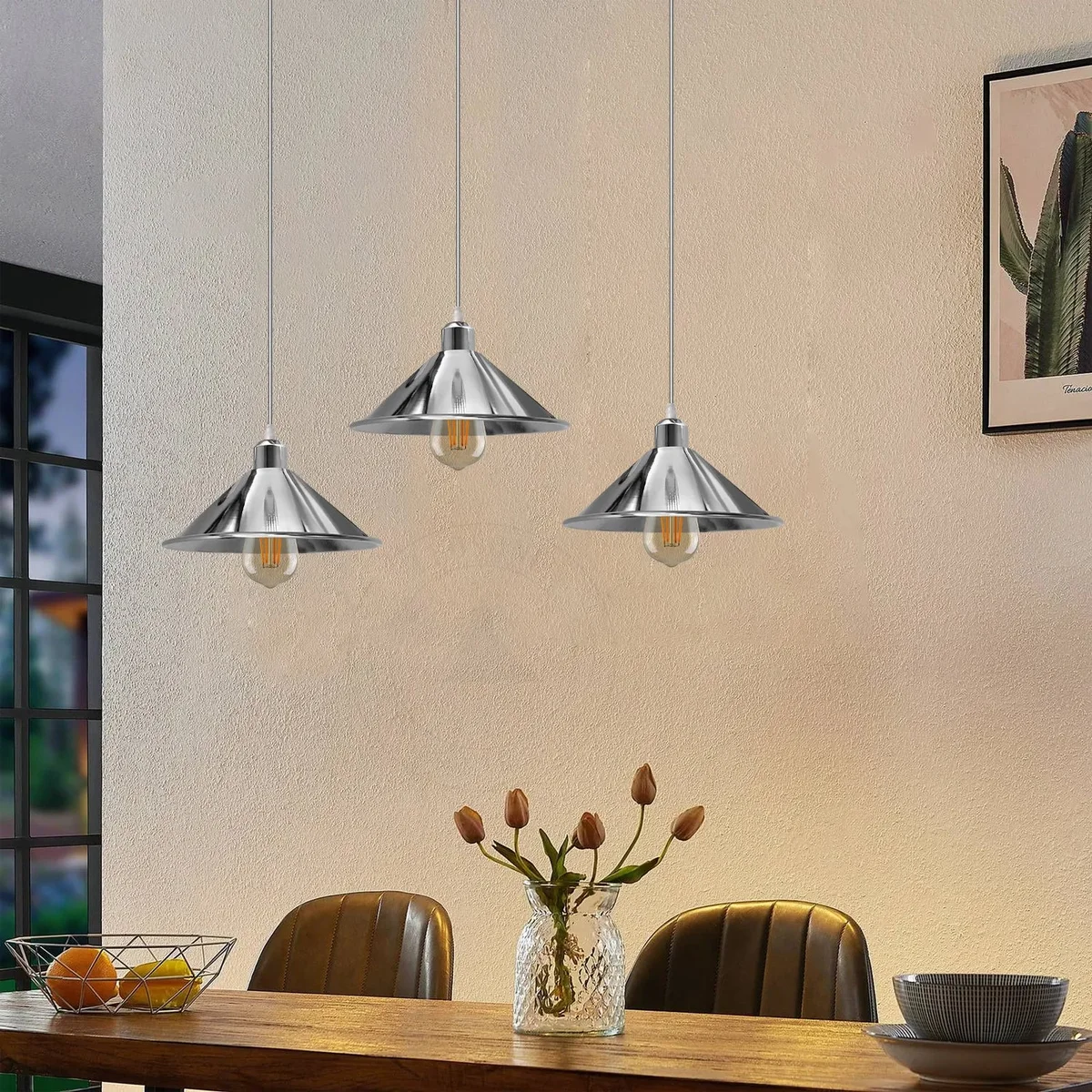 Silver cone-shaped metal pendant light with 95cm cable, vintage style, suitable for E27 bulbs, indoor use
