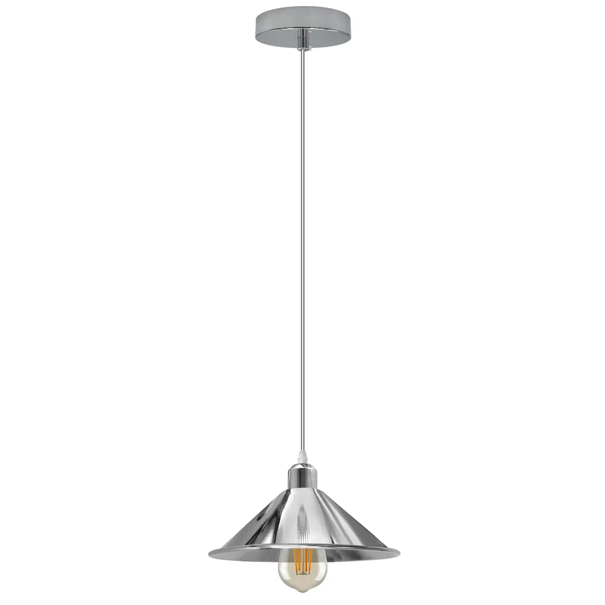 Silver cone-shaped metal pendant light with 95cm cable, vintage style, suitable for E27 bulbs, indoor use