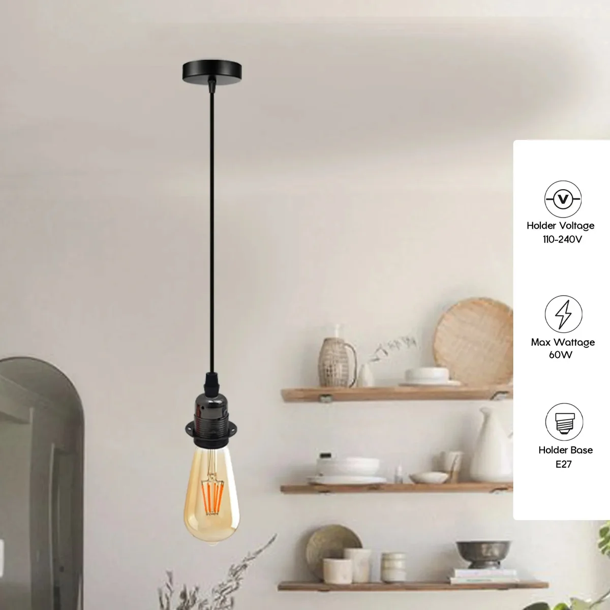 Vintage pendant light with metal holder, adjustable 195cm cable, and ceiling rose in industrial retro style