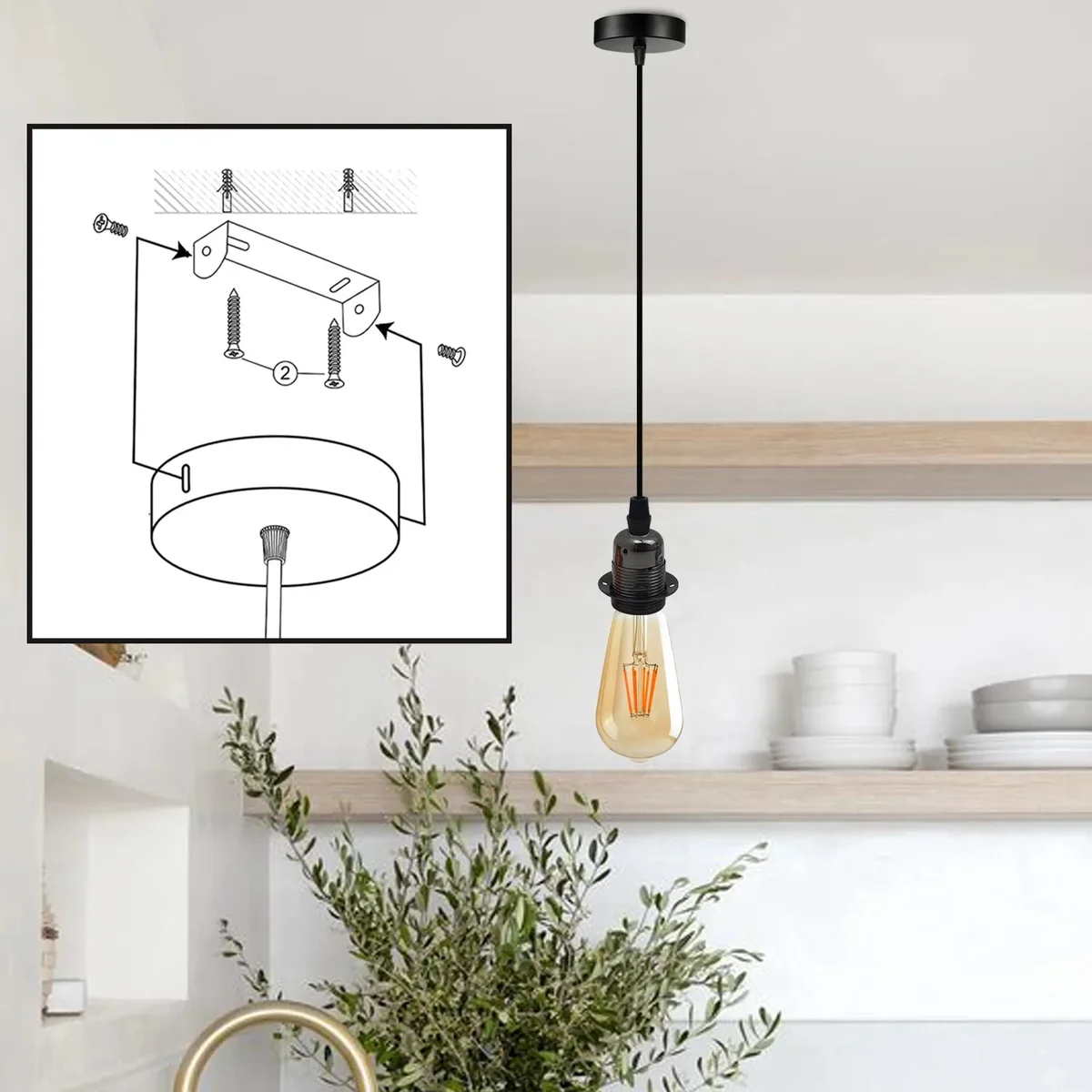 Vintage industrial ceiling light holder with metal finish and adjustable 195cm cable for indoor hanging installation