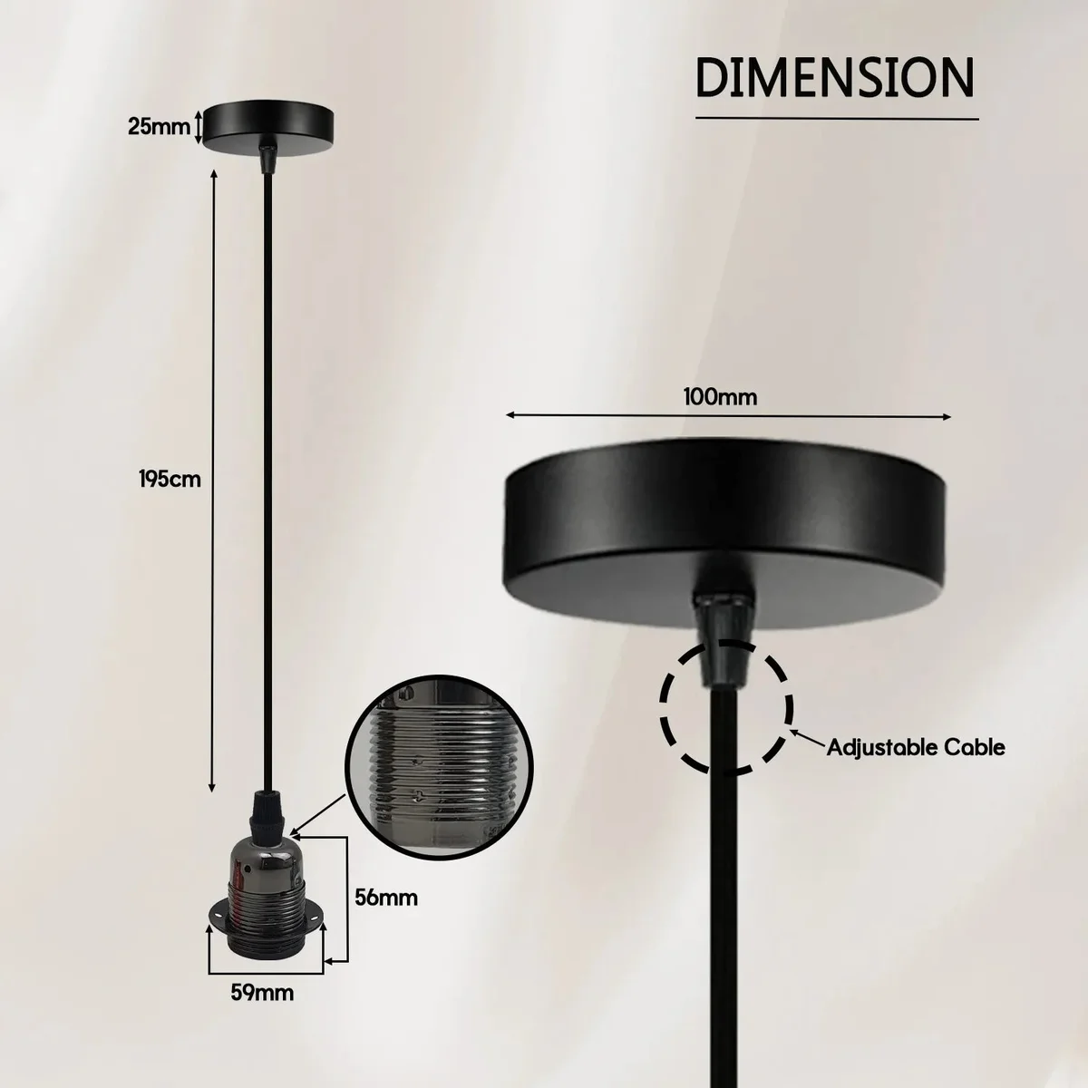 Vintage industrial style E27 bulb pendant light holder with adjustable 195cm cable and metal ceiling rose in black finish