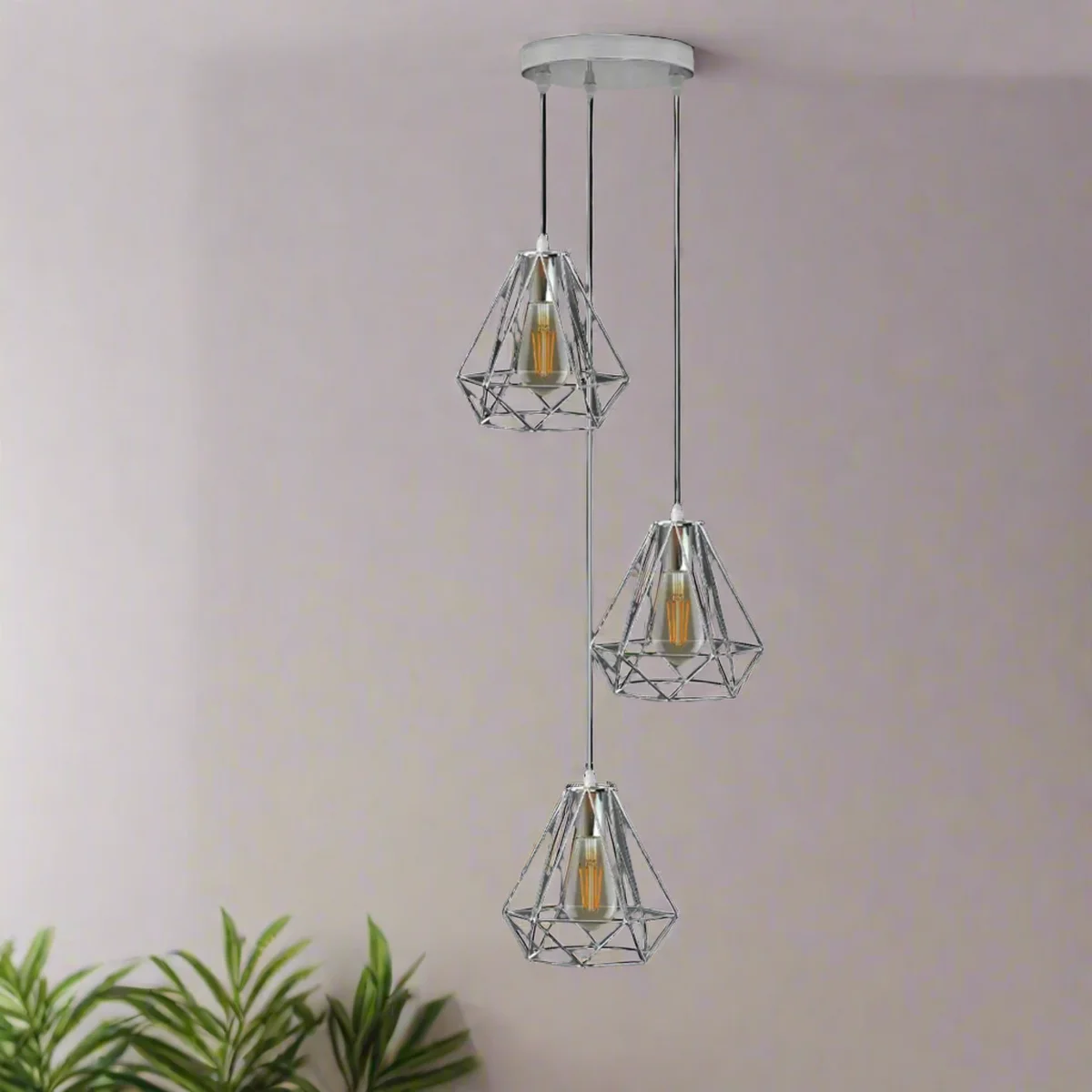 Chrome pendant light with 20cm metal diamond wire cage and 95cm hanging wire, industrial style ceiling lamp