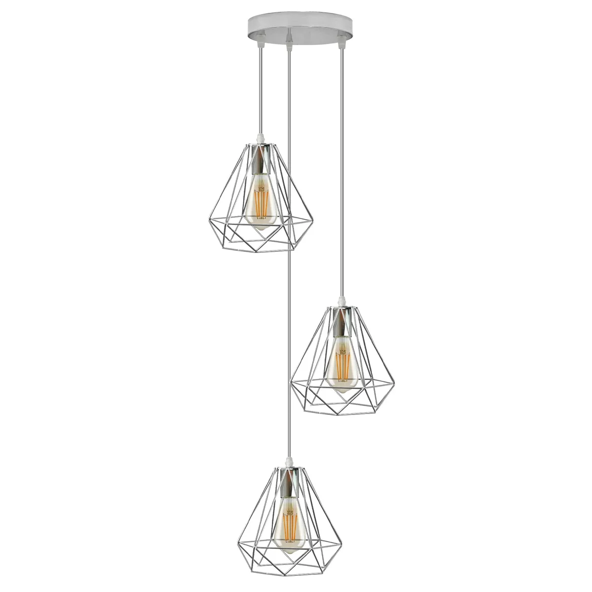 Chrome metal wire cage light pendant with diamond pattern, E27 base, hanging from 95cm cable against white background
