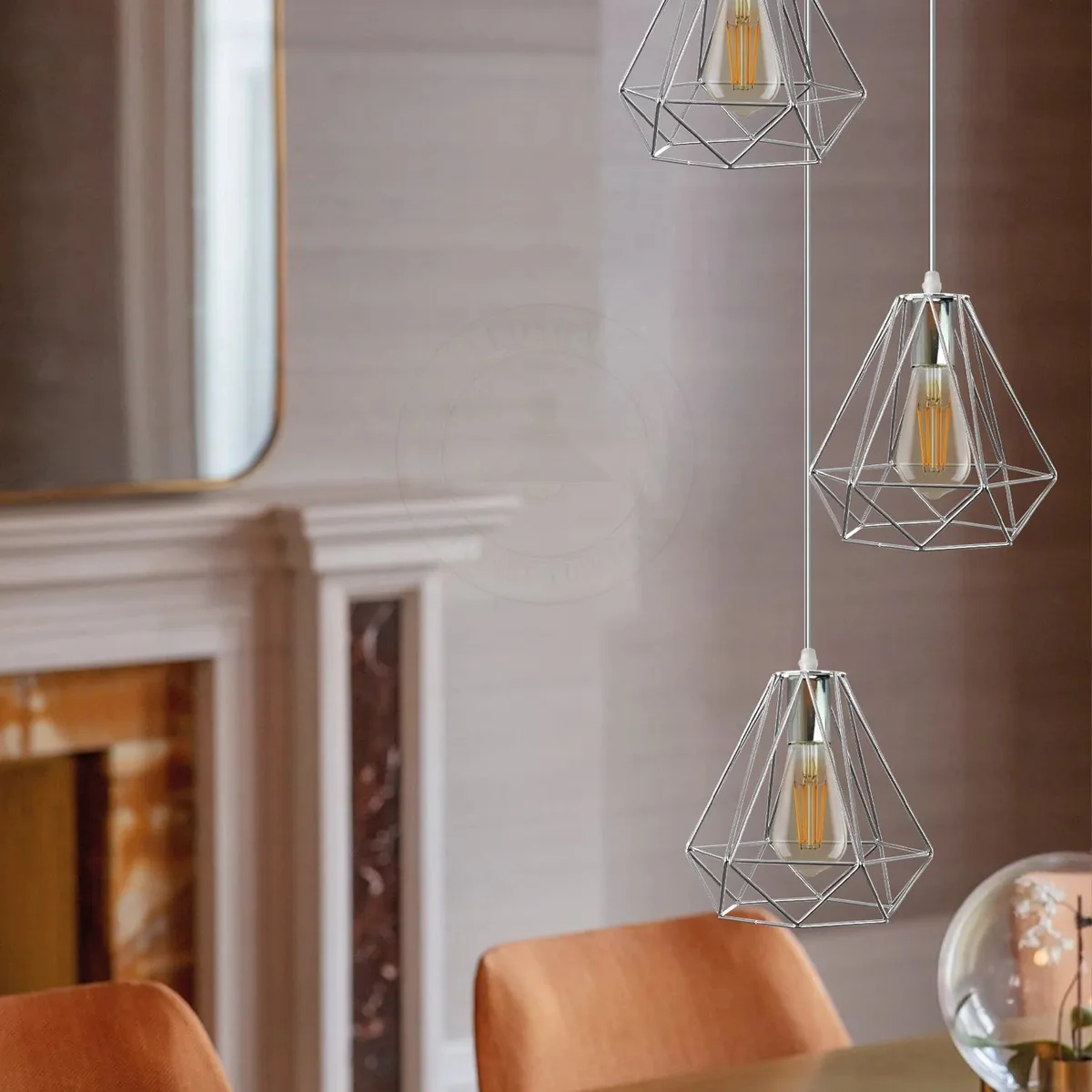 Chrome metal diamond wire cage E27 pendant lamp with 95cm cable and ceiling rose for industrial style lighting