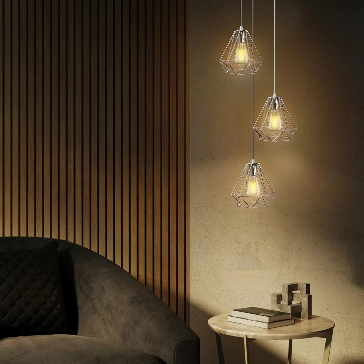 Chrome metal diamond wire cage industrial ceiling light with E27 base and 95cm hanging wire against white background