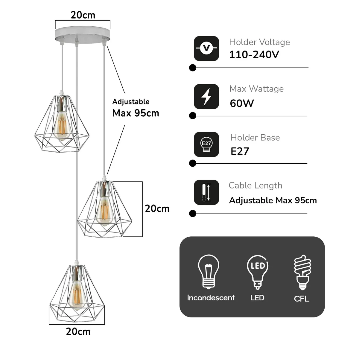 Chrome metal diamond wire cage pendant light with 95cm wire pendant and E27 bulb base hanging from ceiling