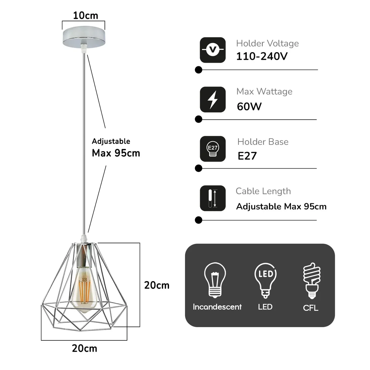 Chrome pendant light with 20cm diamond wire cage and 95cm cable hanging from ceiling in industrial style design