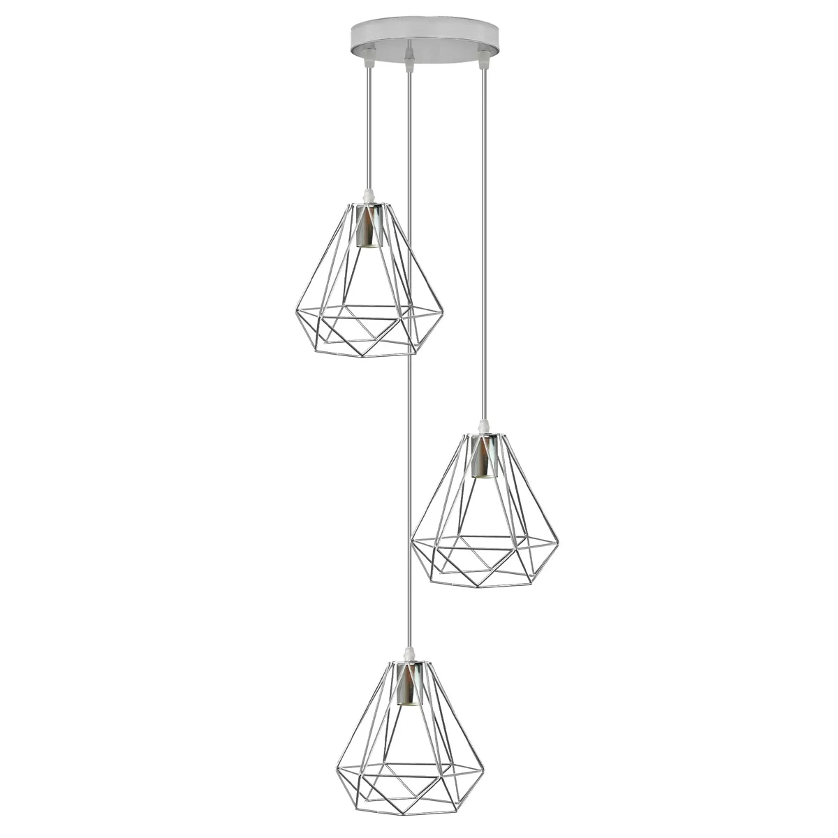 Chrome pendant light with 20cm metal diamond wire cage and 95cm cable hanging from ceiling in industrial style