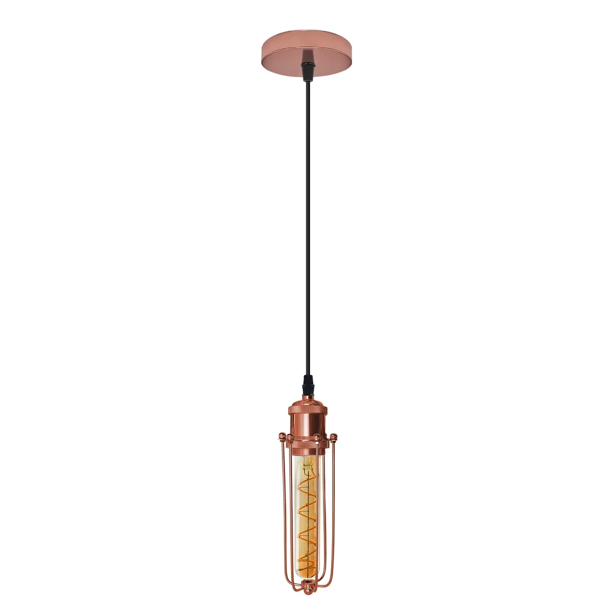 Rose gold metal retro ceiling light with geometric cage design and adjustable black cord hanging from ceiling
