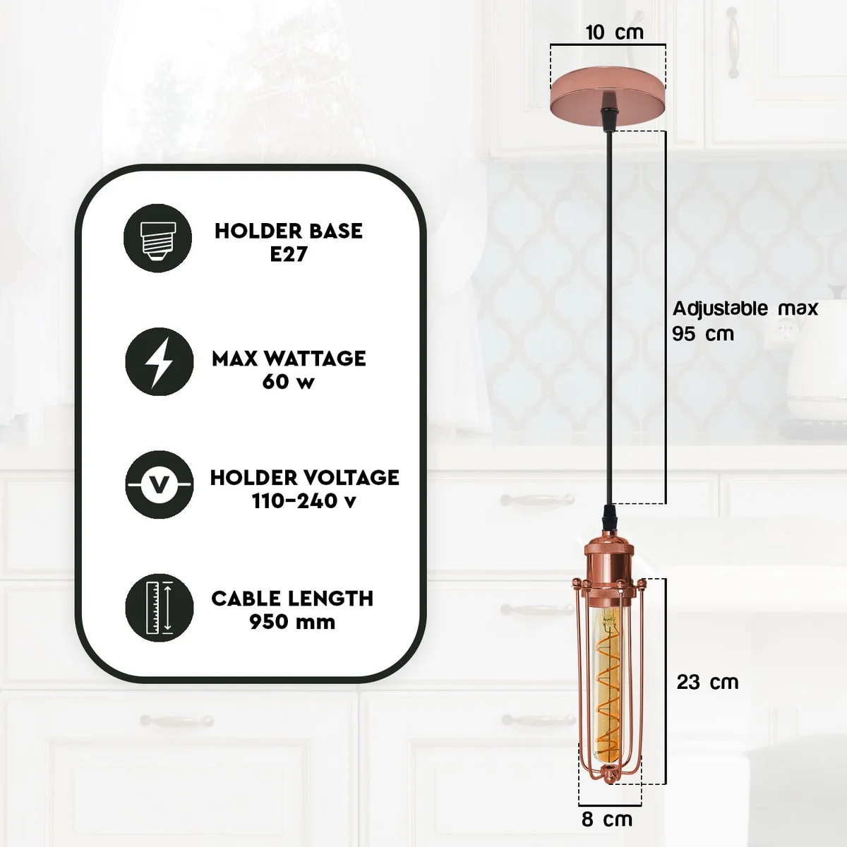Vintage pendant lamp with rose gold wire cage, black adjustable cord, and E27 bulb holder hanging against white background